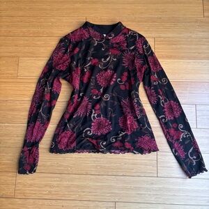Vintage 90s mesh black & red floral long sleeve top with button-up collar